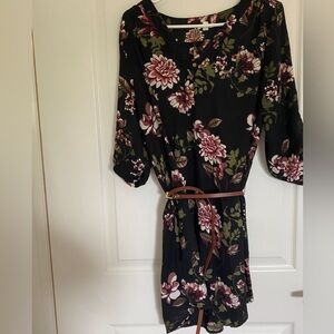 Floral belted long sleeve summer dress